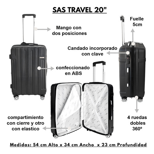 Valija SAS Travel 40.1000s.2 35cm de ancho x 55cm de alto x 22cm de profundidad color negro