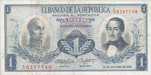 Colombia 1 Peso Oro 12 De Octubre 1959