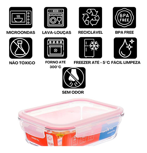 Kit C/6 Pote Hermético 1,52 Litros Retangular Vidro Invicta