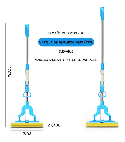 Fregona Esponja Absorbente Con Mango Telescópico, Fácil Uso Azul