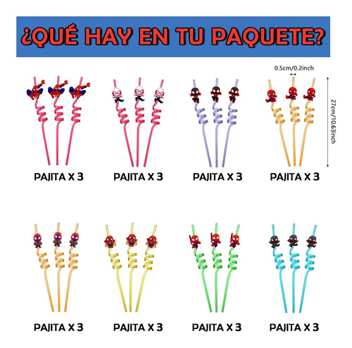 Pajitas Reutilizables Spiderman: 24 Unidades Con 8 Diseños