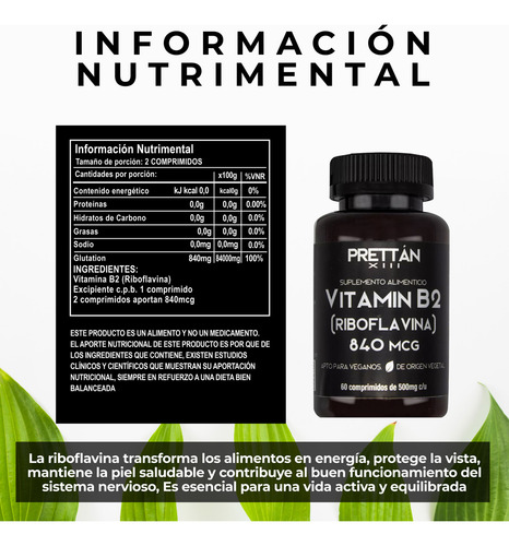Vitamina B2 Riboflavina Prettan 60 Capsulas 500mg