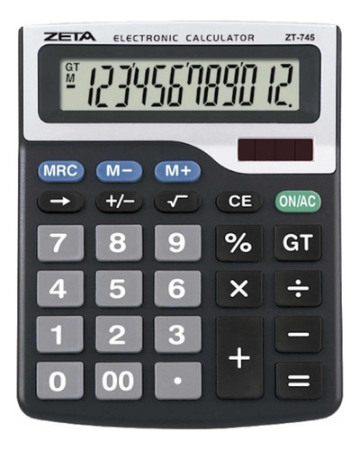 Calculadora De Mesa Zeta Zt745-12 Dígitos Pilha A A E Solar Cor PRETA-PRATA