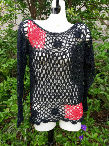 Sweater Hilo Crochet A Mano,negro Y Rojo