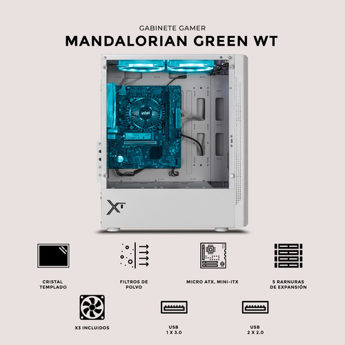 Gabinete Gamer Xtreme Pc Gaming Mandalorian Green V2 Edition Micro Torre Micro Atx 3 Fan Cristal Templado Rgb Blanco