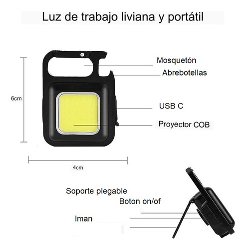 Imagen 2 de 7 de Mini Linterna Cob Led Portátil Recargable Usb Destapador
