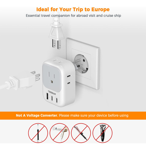 Adaptador De Viagem Tessan Type C Com 4 Tomadas E 3 Portas U