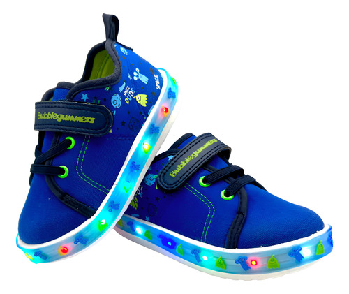 Tenis Bubble Gummers Niño Mod. Tren Azul Con Luces Y Velcro