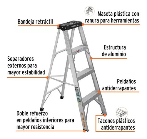 Escalera De Tijera Tipo Iii 3 Escalones, Truper Color Gris