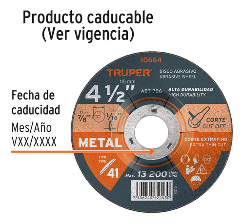 Disco Corte Metal, Tipo 41, Diámetro 4-1/2' Truper 10664