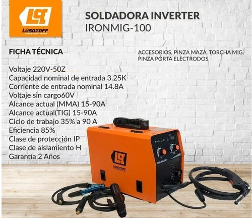 Imagen 3 de 9 de Soldadora Inverter Mig Lusqtoff Iron Mig 100 + Mascara 4 Esc