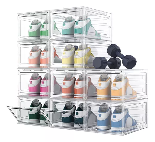 Cajas de zapatos apilables de plástico transparente, paquete de 10 cajas de  almacenamiento para tenis con puerta magnética, cajas acrílicas para