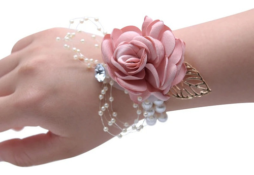 Pulsera Flor Y Perlas Corsage Damas Honor Muñeca Mano Novia