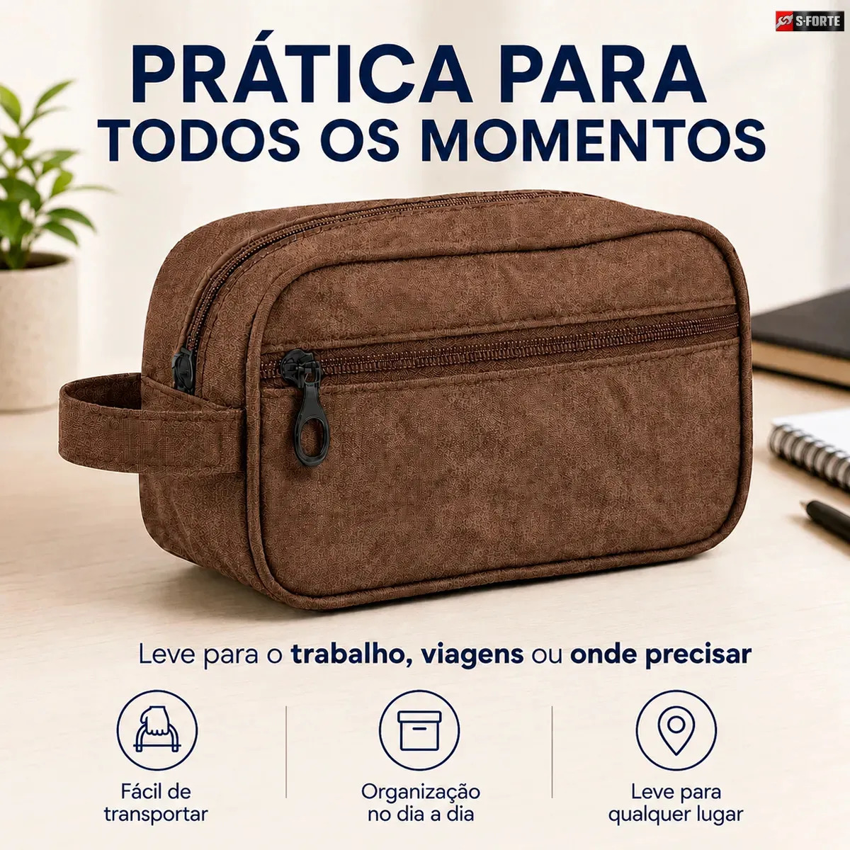 Nécessaire de Viagem Unissex Marrom Impermeável em Poliéster para Higiene e Maquiagem