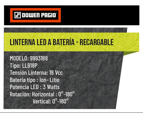 Imagen 7 de 10 de Linterna Led18 V Dowen Pagio 9993188 Sin La Bateria