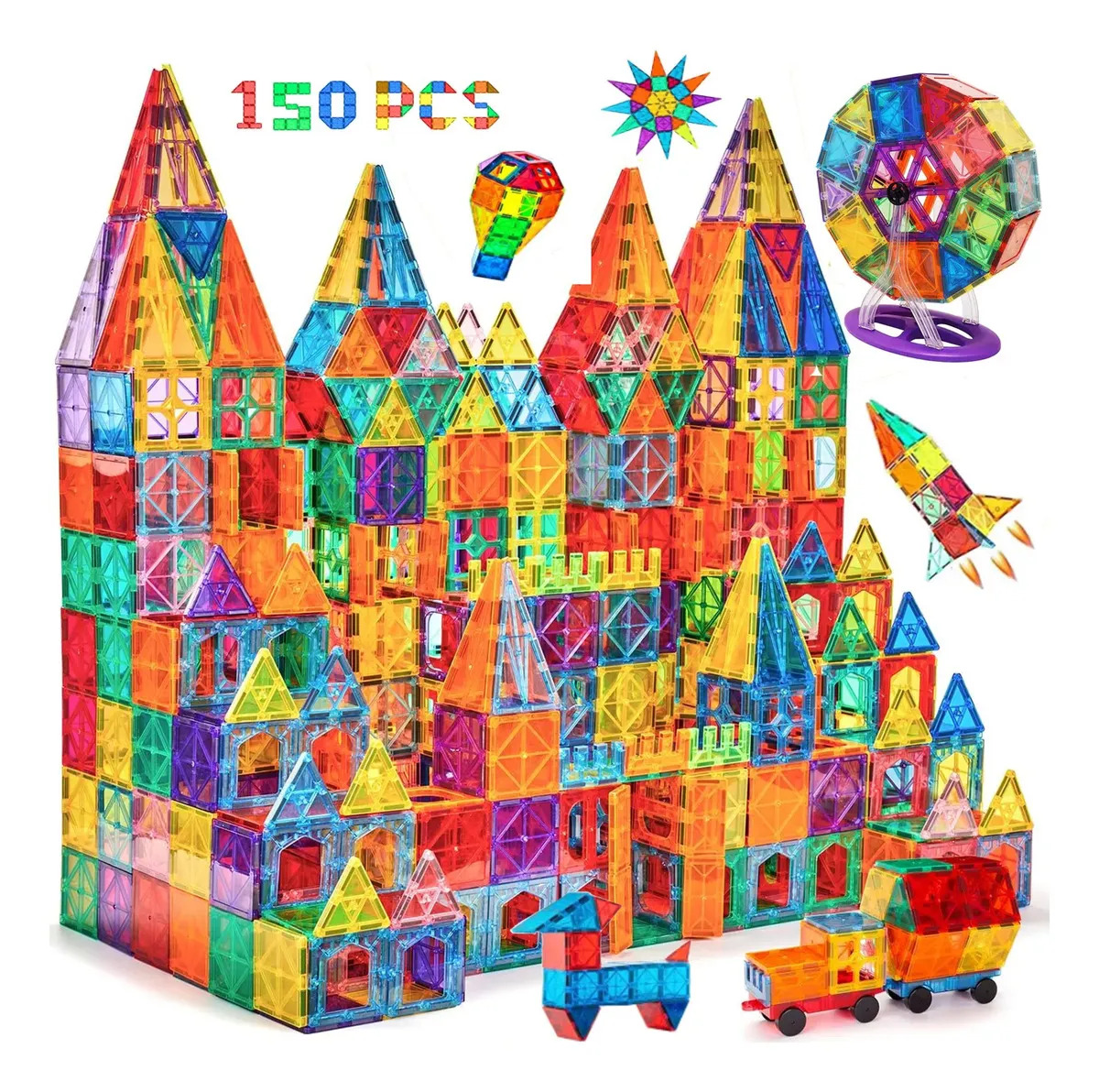 Blocos Magnéticos 150 Peças Formas Geométricas Coloridas e Acessórios