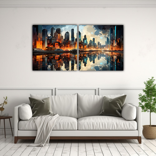 60x30cm Pintura Cubista Relieve De Una Ciudad Fragmentada Co