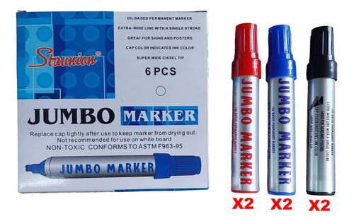 Plumon Jumbo Permanente 6 Unidades (3 Colores) Super Calidad