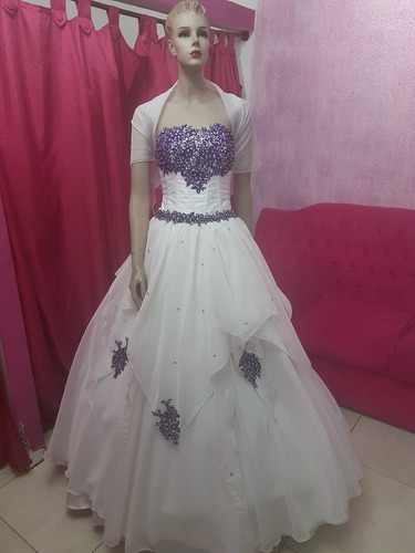 Vestido De 15 Años 3 Piezas Blanco Y Violeta