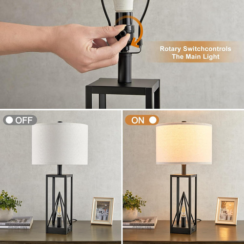 Juego De 2 Lámparas De Mesa 24 Negro Con Luz Nocturna Y Usb
