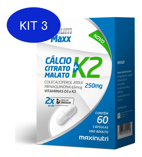 Kit 3 Calcium Maxx E Vitamina K2 - 60 Cápsulas - Maxinutri