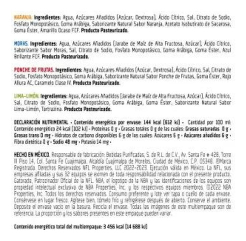 Gatorade 24 Pack 4 Sabores Cítricos Y Frutales 600ml C/u