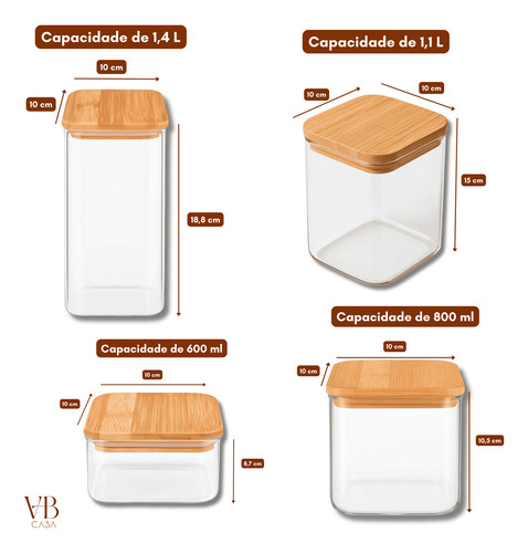 Kit 4 Potes De Vidro Hermético Tampa De Bambu Mantimentos