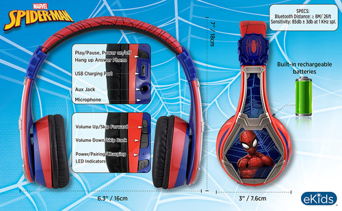Auriculares Ekids Spiderman Inalámbricos Bluetooth Con Micró