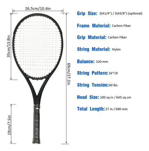 Raqueta Tenis De 27pulgadas Adultos Fibra De Carbono Estuche