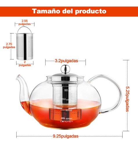 Juego Vidrio Tetera De Té O Café Con 4 Tazas Y Filtro 1200ml