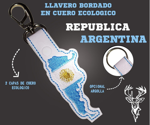 Imagen 2 de 3 de Llavero Argentina Bordado Con Mosqueton Cuero Ecologico