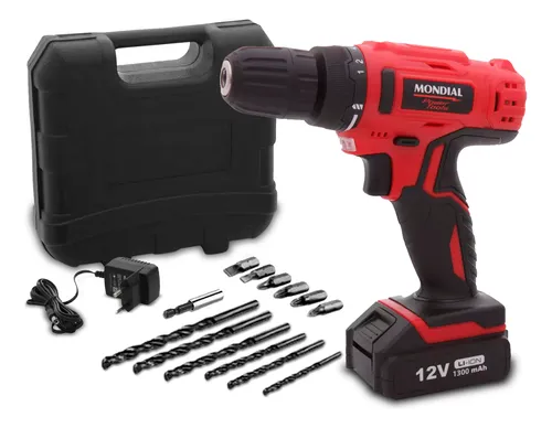 Parafusadeira Furadeira 12v 3/8 Litio Bivolt Com Kit Mondial