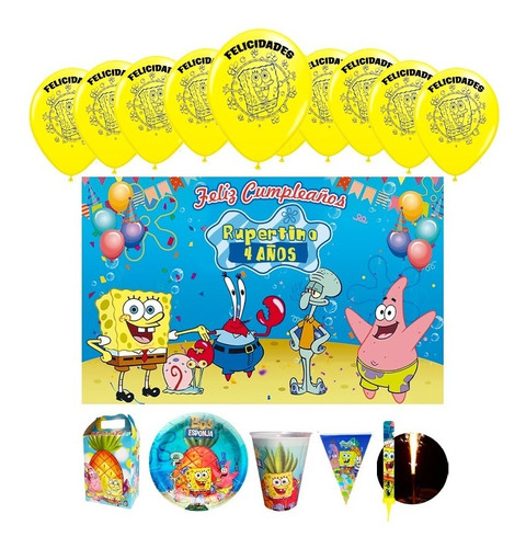 Bob Esponja Kit 30 Niños Vasos Platos Caja Dulcera Lona