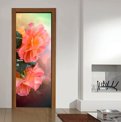 Vinilo Para Puerta Rosa Flor Jardin Planta M2