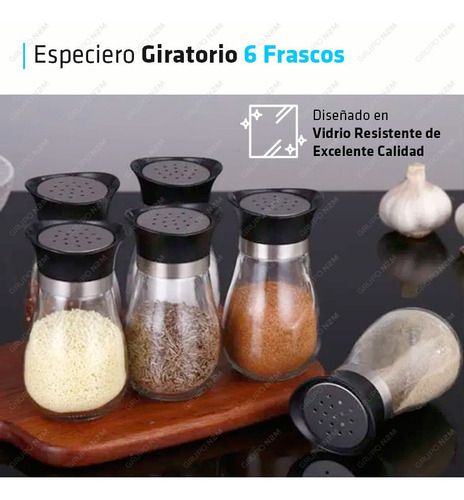 Imagen 4 de 10 de Set Condimentero Especiero Giratorio 6 Frascos Vidrio Acero