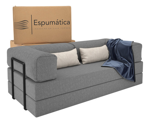Colchão Sofa Sogude Casal Vira Cama C/ Estrutura Metálica Cor Cinza