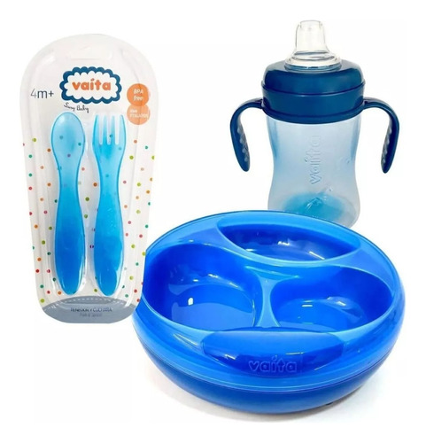 Combo Bebe Plato Térmico Con Sopapa + Cubiertos Vaita + Vaso