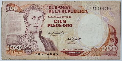 Billete 100 Pesos 12/oct/1984 Colombia Vf