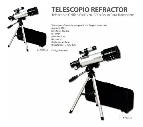 Imagen 2 de 4 de Telescopio Refractor Galileo Italy F400x70 Con Trípode
