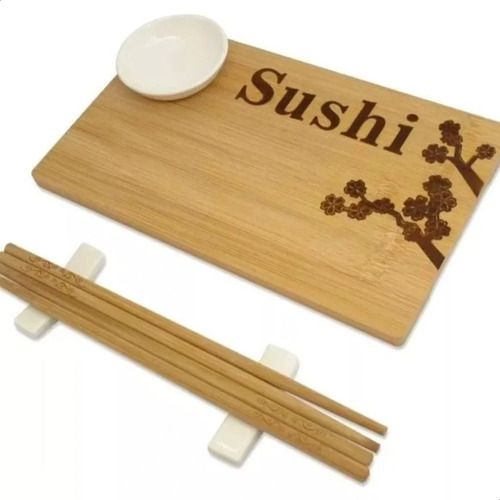Set Sushi Individual Madera Con Palitos + Bowl 
