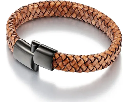 Pulsera De Cuero Trenzado Cierre De Acero Inoxidable Marron