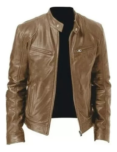 Chaqueta De Cuero Genuino Para Hombre Con Cremallera Negra