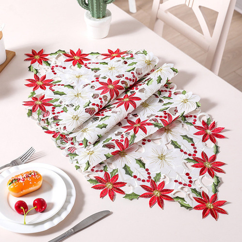 Mantel De Mesa Con Bandera Y Flores Navideñas Bordadas En Fo