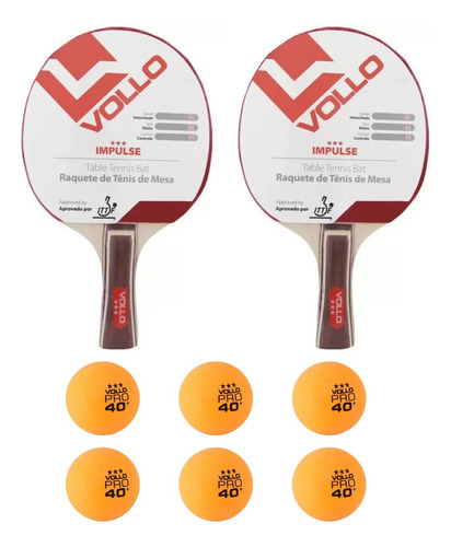 Kit C/2 Raquetes Ping Pong Impulse+6 Bolas Ping Pong Vollo Cor Laranja Tipo De Cabo Concavo Reto