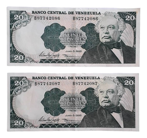 Billetes De 20 Bs. 5/6/95 - Serial B8 - 086 Y 087 