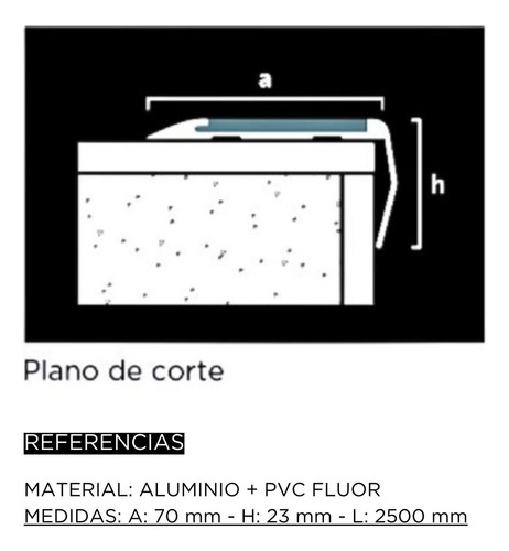 Nariz Escalon Practika 70 Luminos 70x23x2500 Mm Moldumet Plata Mate Y Fluor