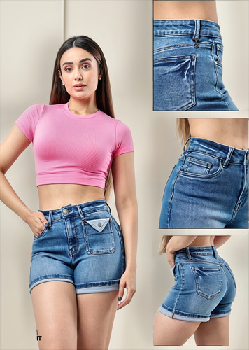 Short Mujer Corte Colombiano Mezclilla Strech Push Up 01