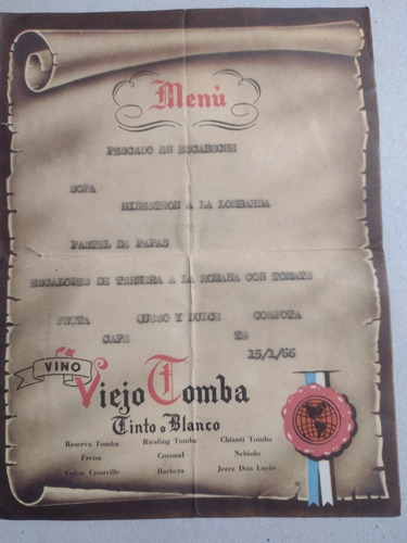 Menú De Antiguo Bodegón Publicidad Vino Viejo Tomba 1966