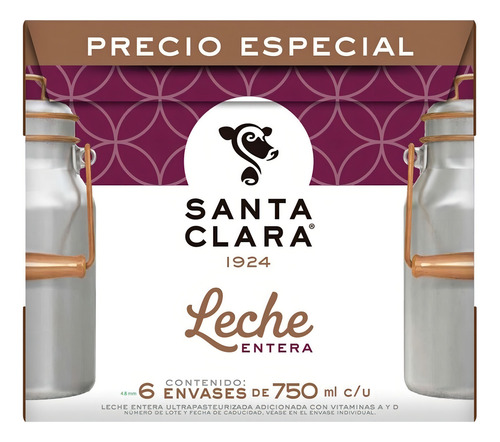Leche Santa Clara Entera Pack Con 12 Leches De 750 Ml C/u