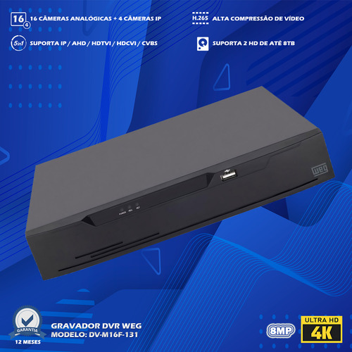 Gravador Dvr 16 Canais + 4 Ip 2mp, H.265, Até 8tb